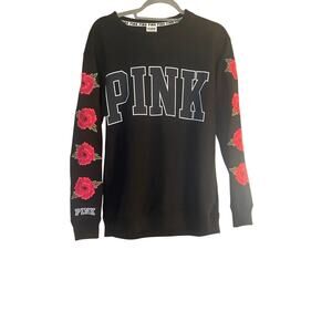 PINK Victoria's Secret Embroidered Rose Sleeve Black Crew Womens size XS